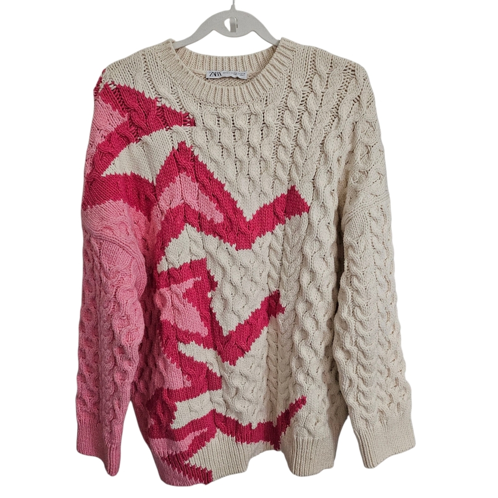 Zara Sweater XS Small Cream Pink Jacquard Pullover‎ Cable Knit Bloggers Favorite
